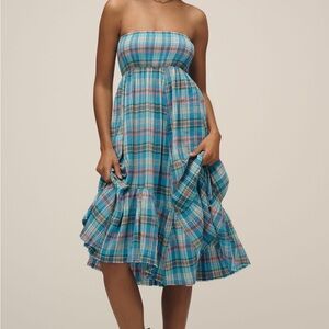 NWT Anthropologie Pilcro Strapless Blue and Pink Plaid Midi Dress W/Pocket Small